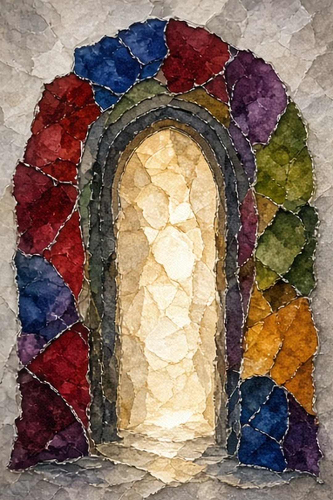 Hand-painted stained-paper threshold glowing with garnet, sapphire, amber, and moss light