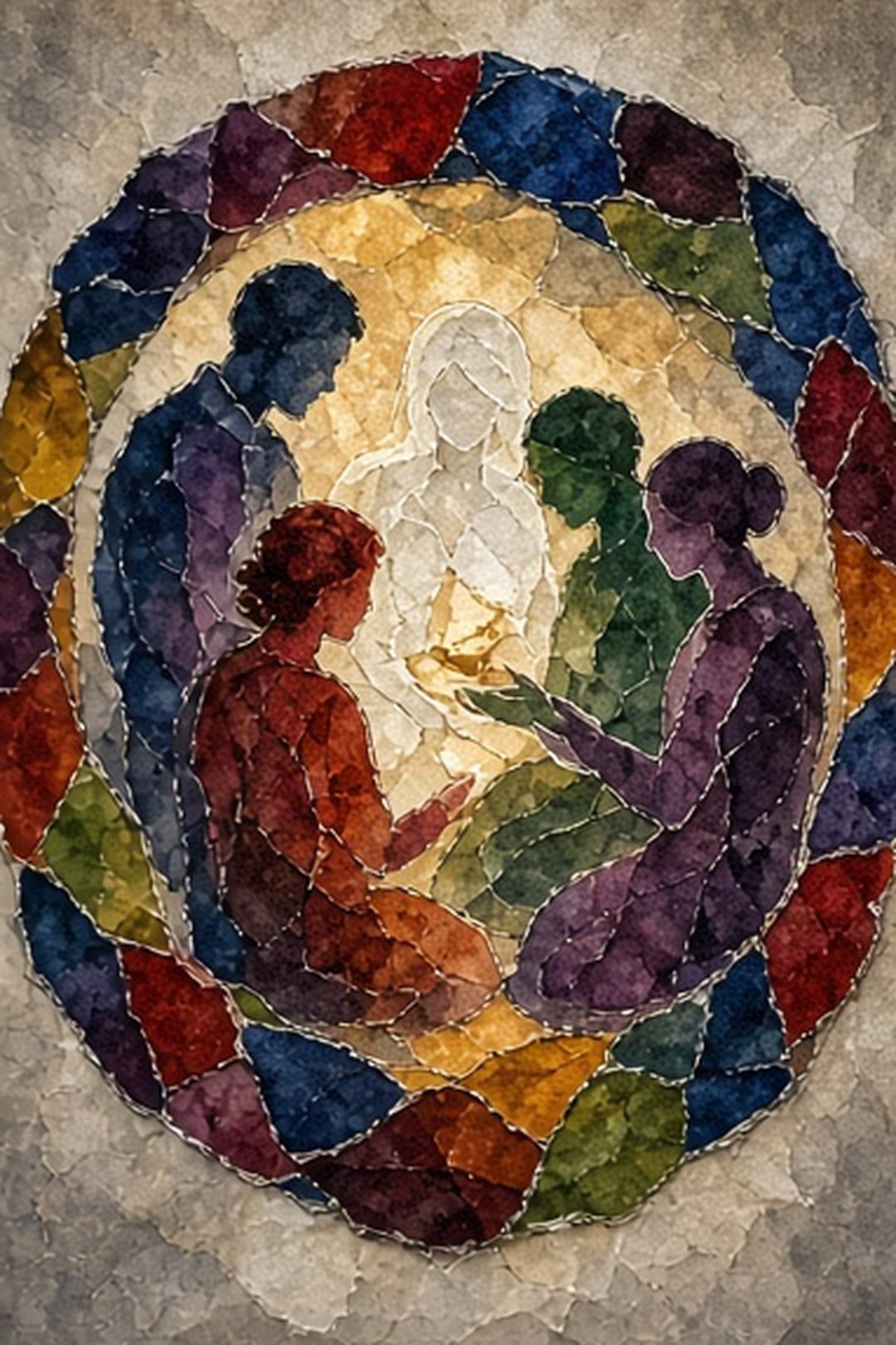 Fictional people seated in an open invitation circle rendered in stained paper