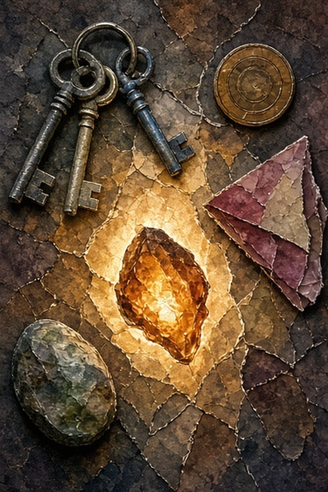 Small everyday objects arranged around a luminous paper fragment