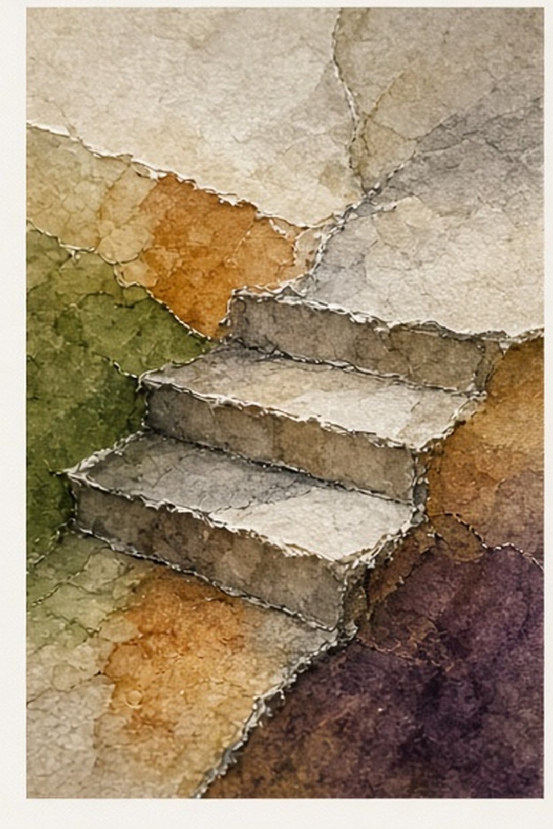 One modest step crossing a repaired seam in colored paper