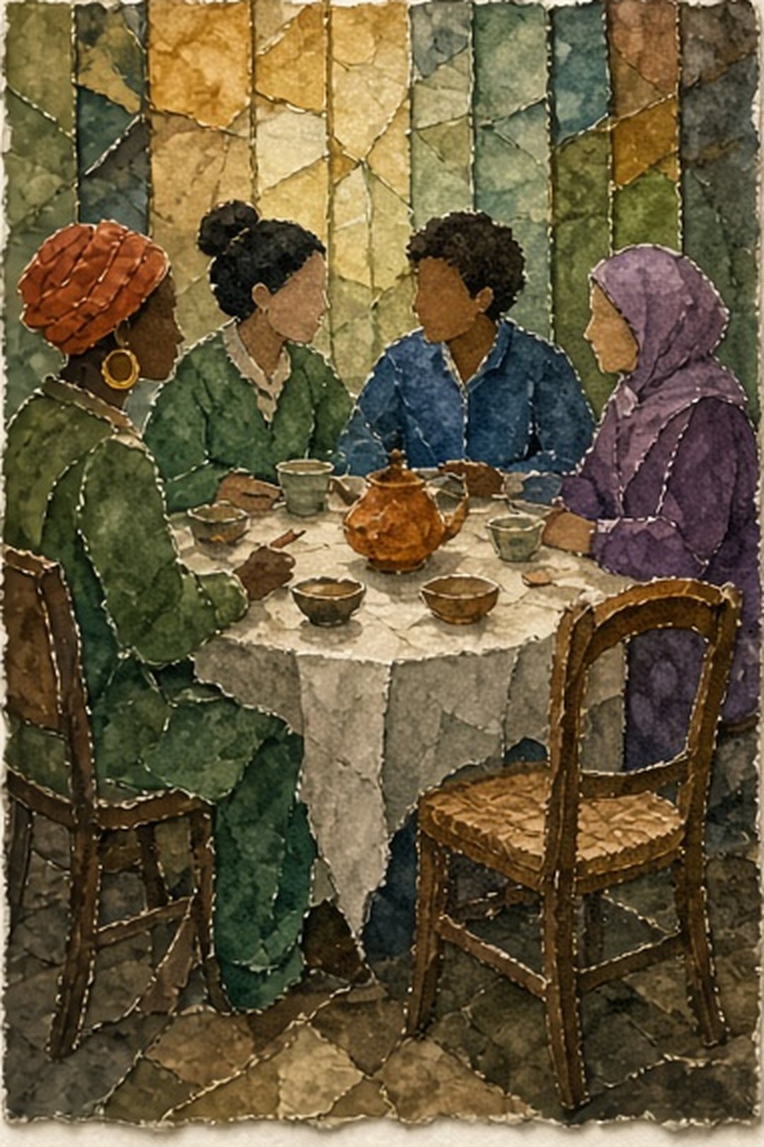 Fictional people gathered around a hospitable paper-collage table