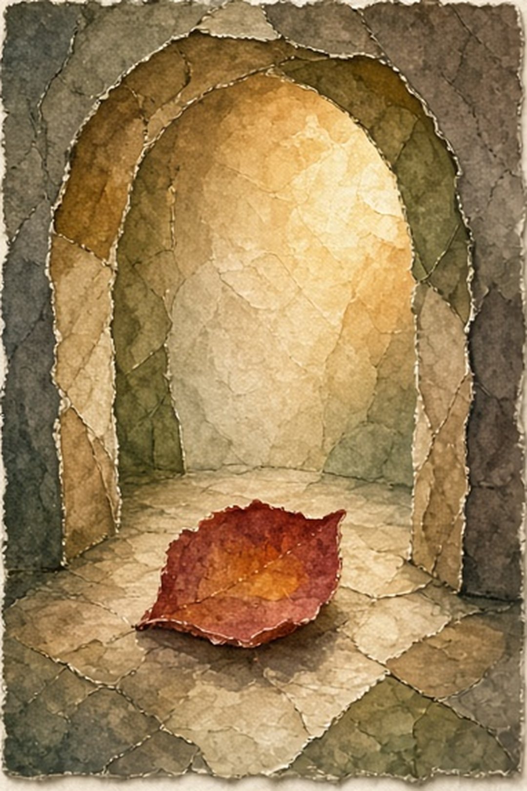 A quiet paper alcove where one petal rests in soft light