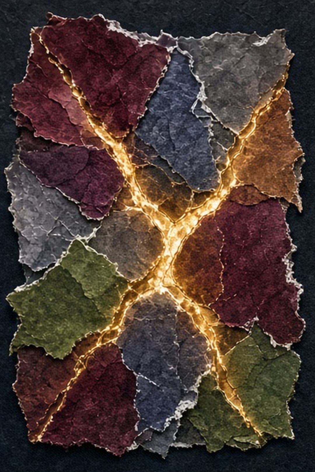 Torn stained-paper collage repaired with a luminous amber seam