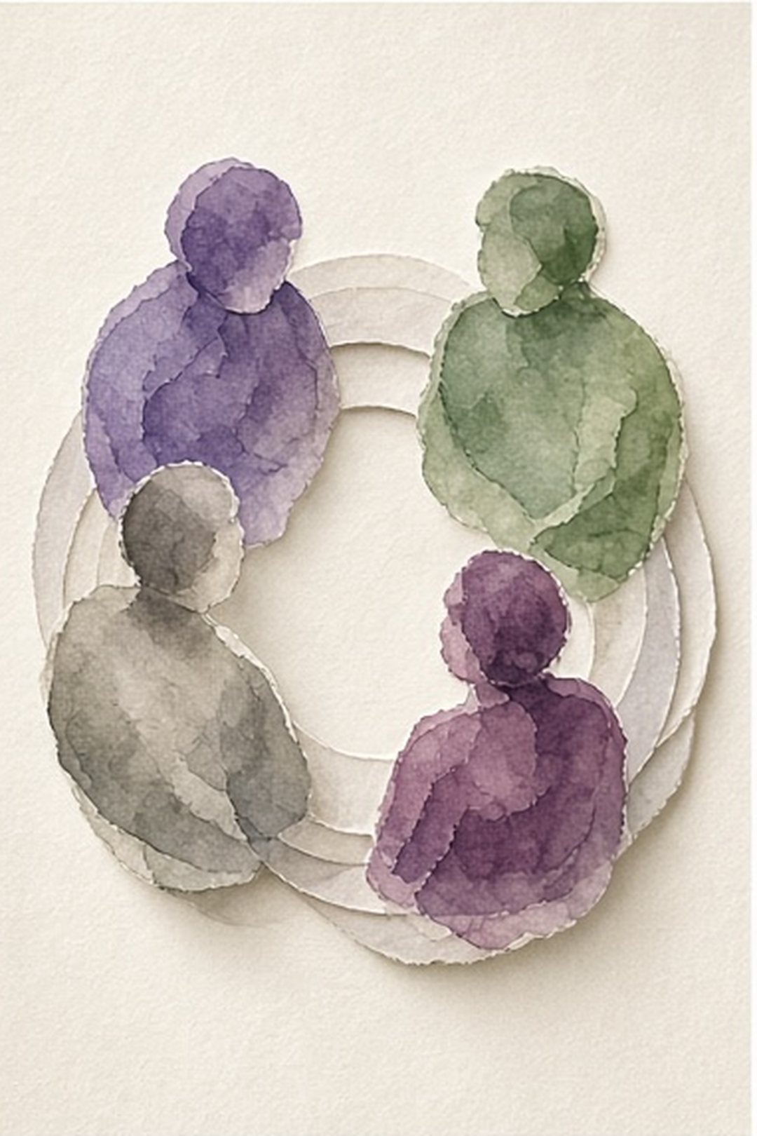 Multigenerational fictional readers gathered in a stained-paper circle