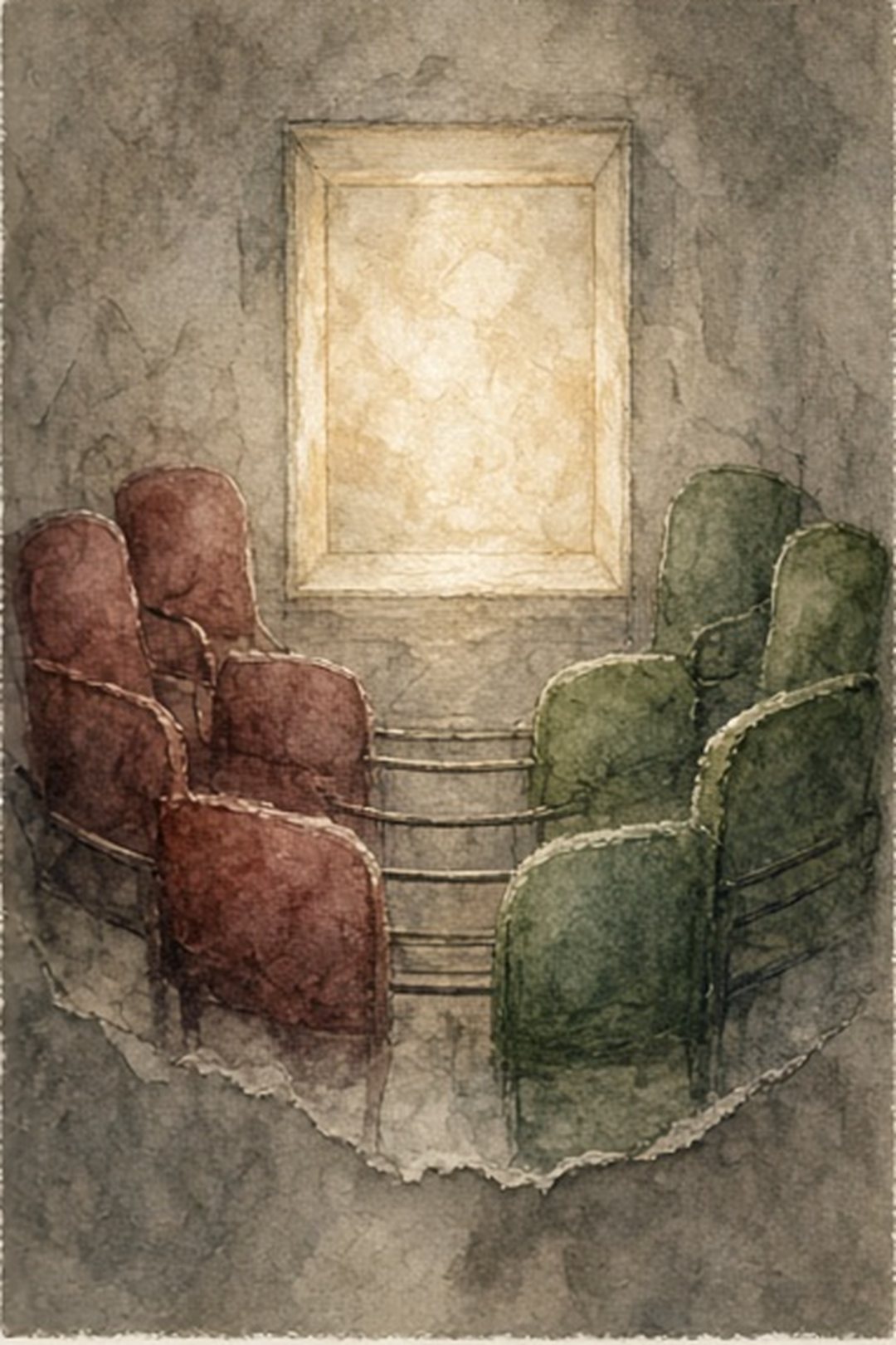 Quiet empty seats around a luminous paper window