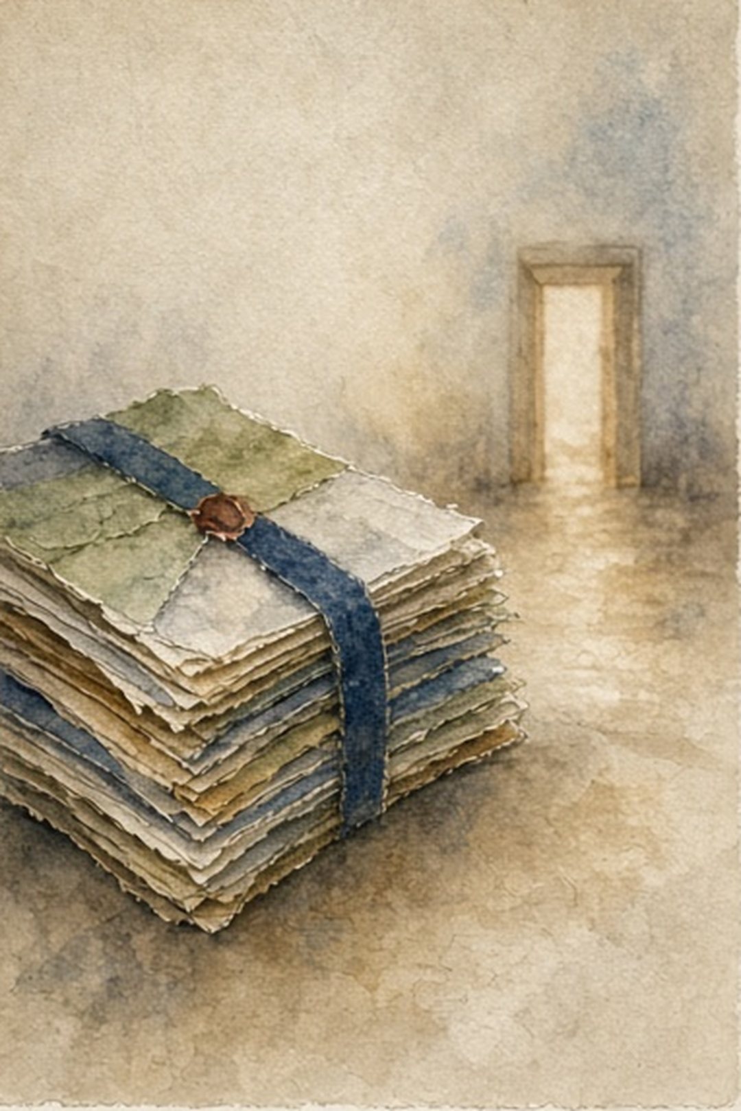 Bundled stained-paper illustration folio separated from a hosting doorway