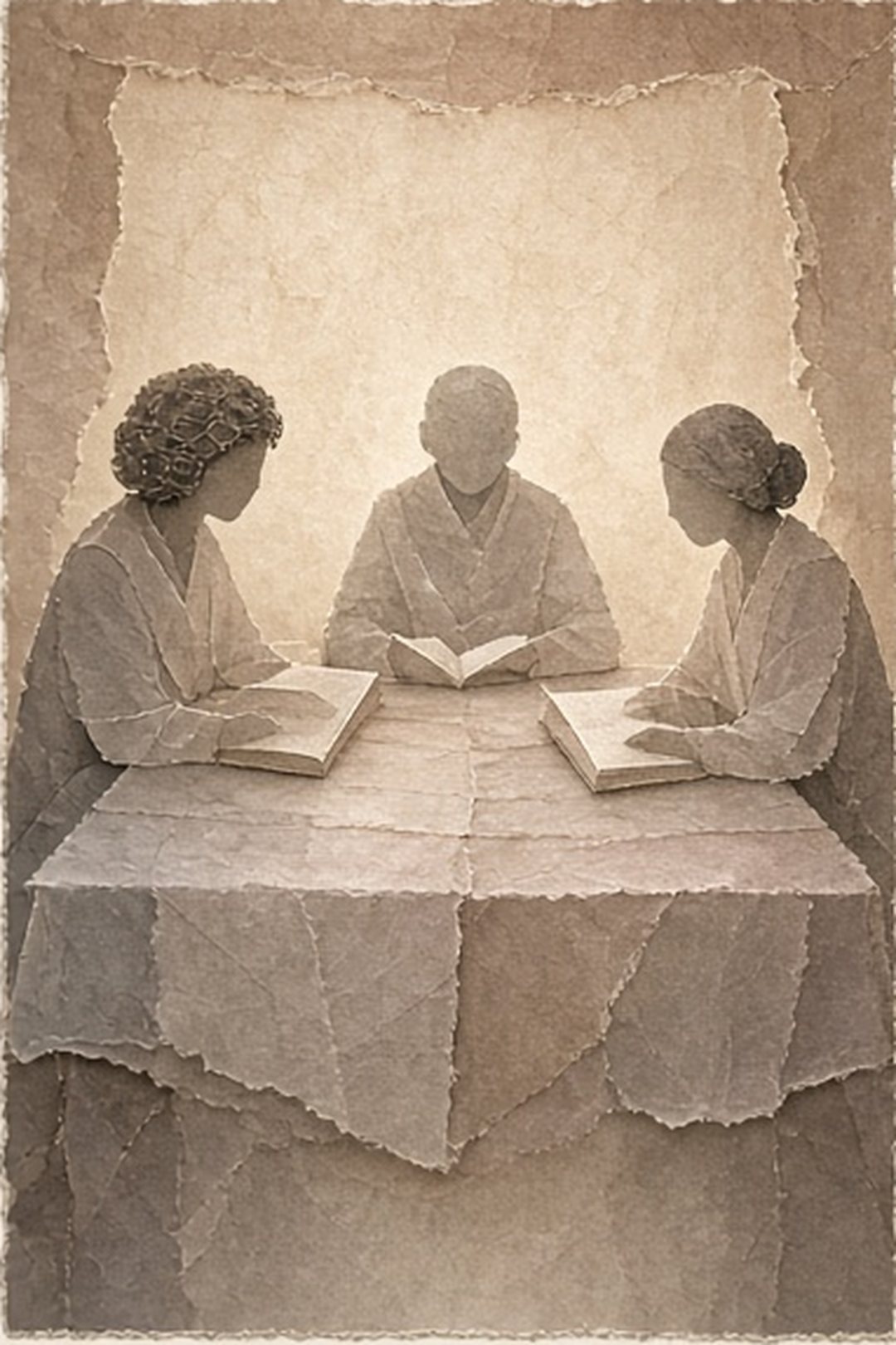 Fictional family reading together around a stained-paper table